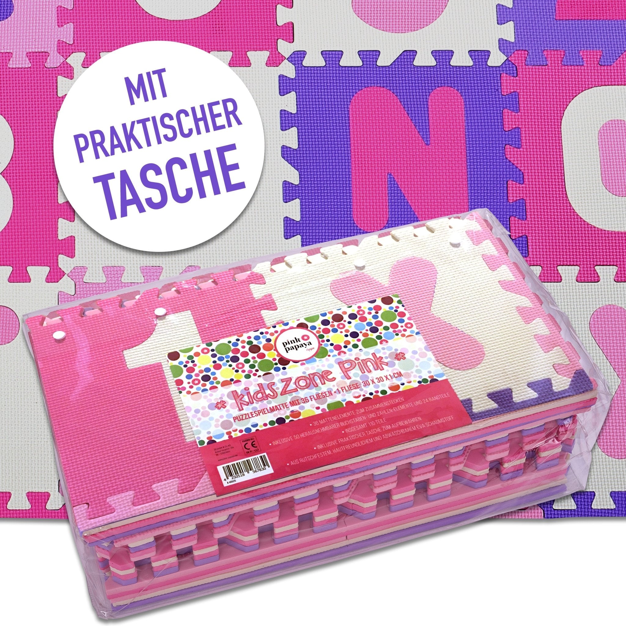 EVA Puzzlematte "Kidszone" - Pink - 36 Felder (A-Z & 0-9 + Rand)