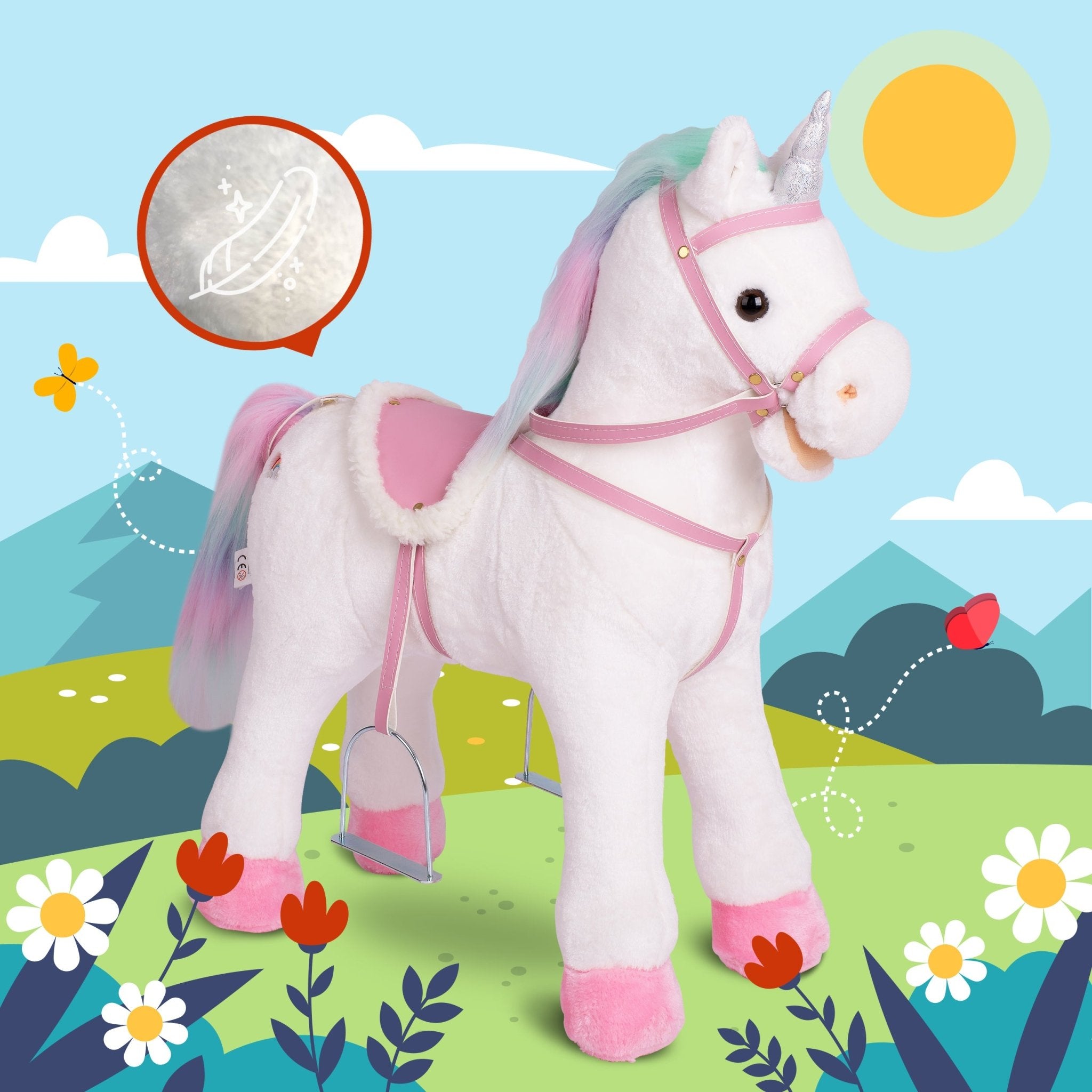 Pink Papaya Stehpferd zum draufsitzen 60cm Spielpferd mit Sound - Rainbow