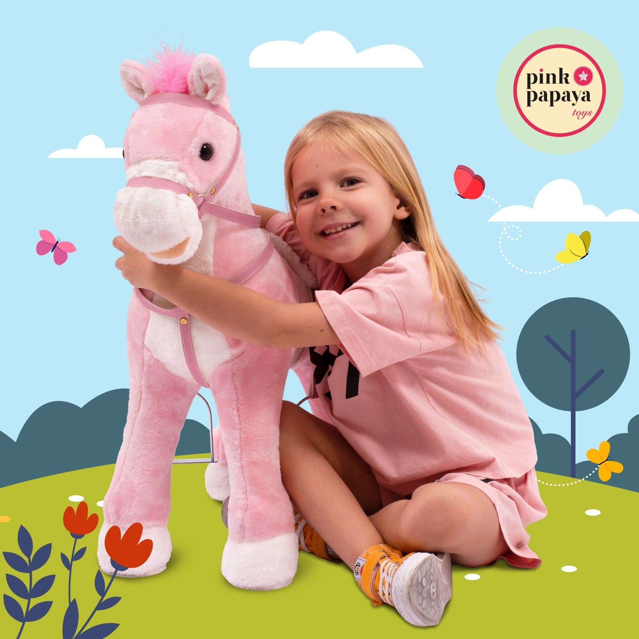 Pink Papaya Stehpferd zum draufsitzen 60cm Spielpferd mit Sound - Sparkles