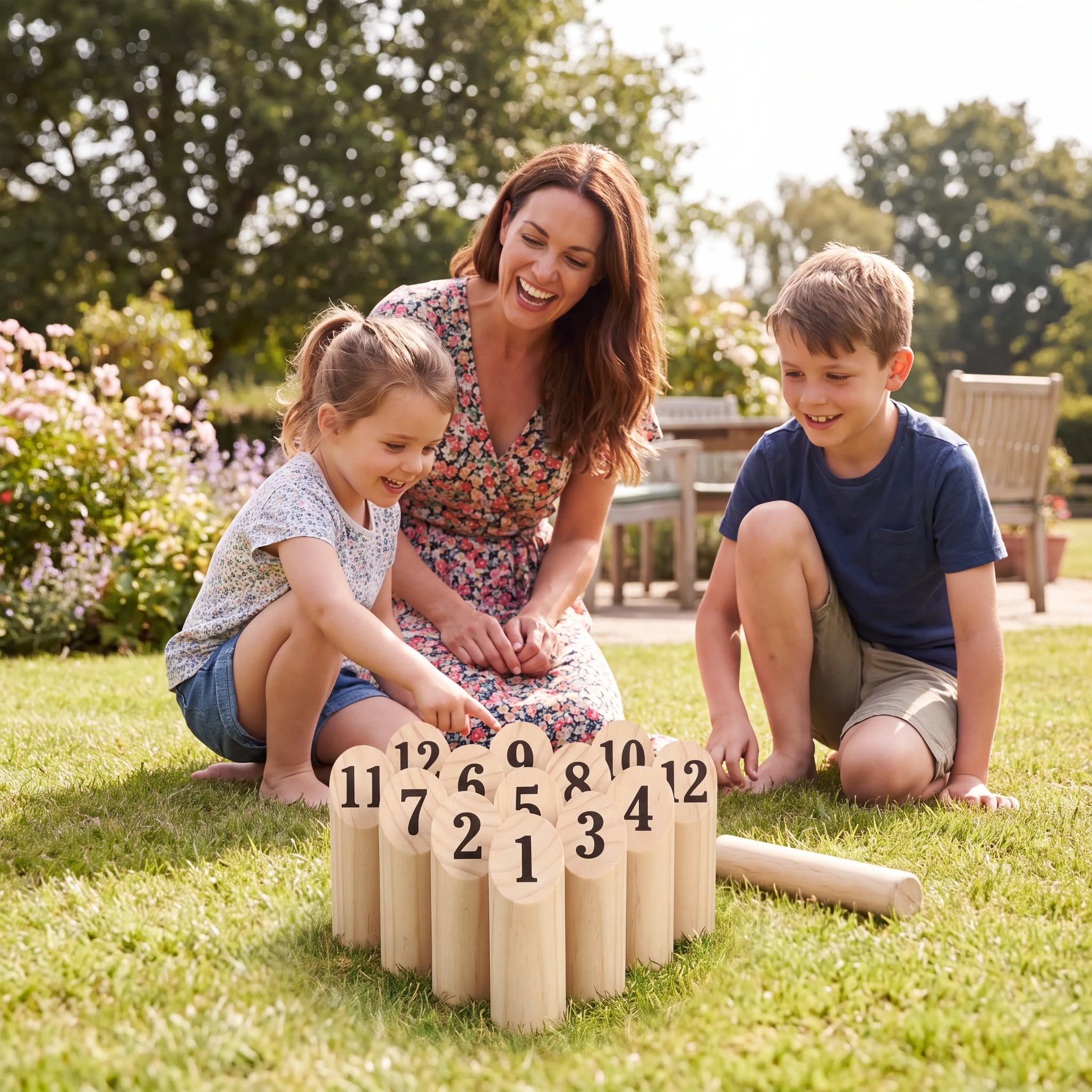 Familie spielt Nummern Kubb im Garten, Kind zeigt auf eine Zahl