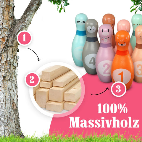 Kegelspiel aus Holz, 12 teiliges Kids Bowling - Pink Papaya Toys