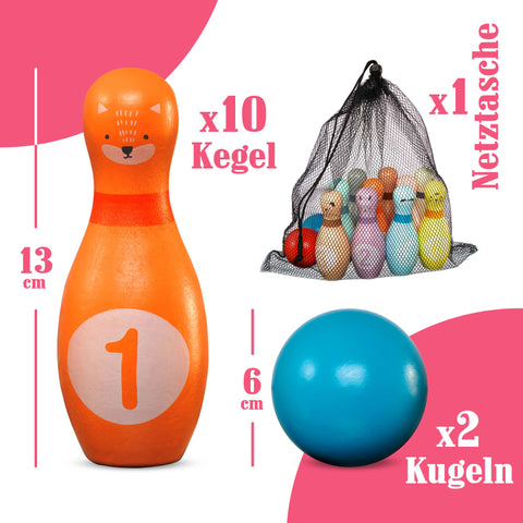 Kegelspiel aus Holz, 12 teiliges Kids Bowling - Pink Papaya Toys