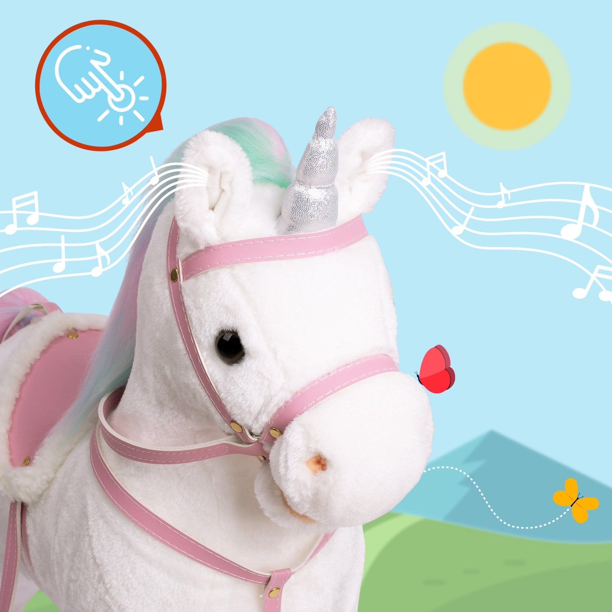 Pink Papaya Stehpferd zum draufsitzen 60cm Spielpferd mit Sound - Rainbow